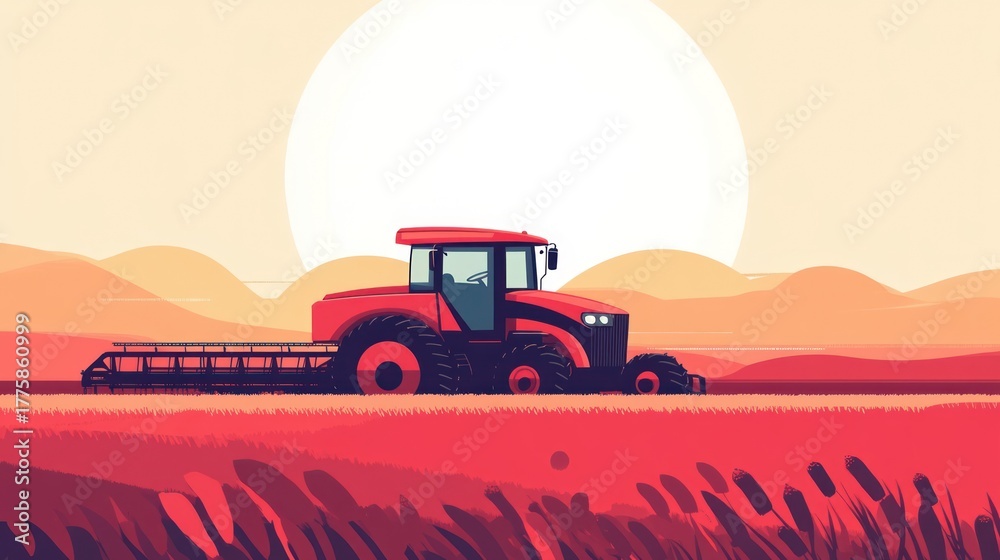 Fototapeta premium Serene Agricultural Scene: Red Tractor Working in the Fields at Sunset