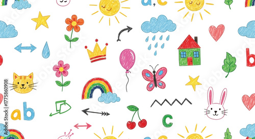 Colorful Childlike HandDrawn Sun, Crown, Rainbow, Cloud, Flowers, and Animals Pattern