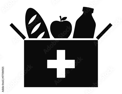 Box with food items and a medical cross, representing aid and donation