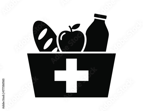 Food basket with bread, apple, and milk bottle, symbolizing healthy eating and nutrition