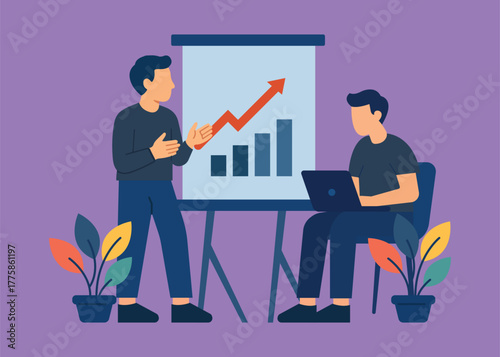 Dynamic business partners collaborate on growth strategy presentation, analyzing upward trending charts for success in modern office setting.