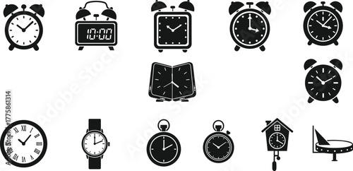 Collection of black clock icons, vintage alarm clocks, wristwatch, stopwatch, wall clock, cuckoo clock, time management, punctuality, minimalist vector design