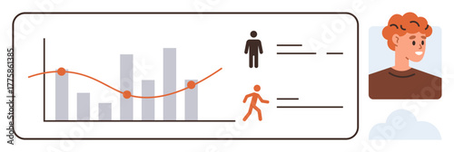 Bar chart with trendline, human figures, data points, and personal profile symbolizing analytics, progress tracking, and individual metrics. Ideal for statistics, health, learning tracking HR