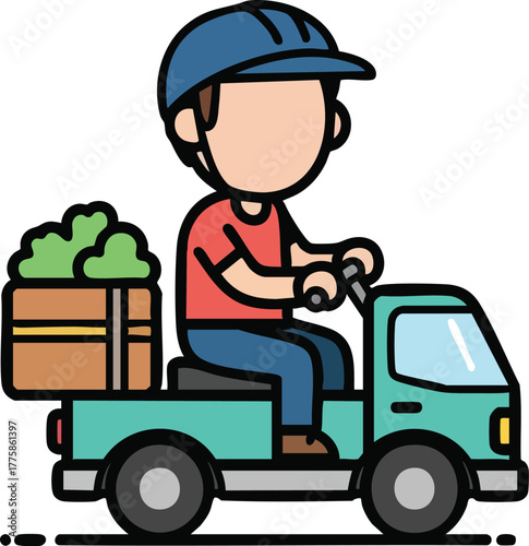 Delivery man driving a teal truck filled with green plants and boxes on a white background cartoon style