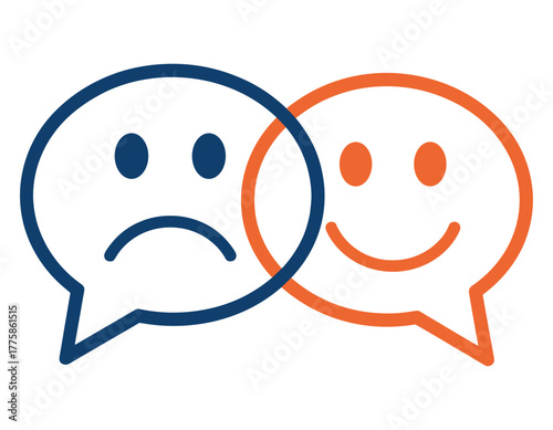 Two speech bubbles showing contrasting emotions, one sad and one happy
