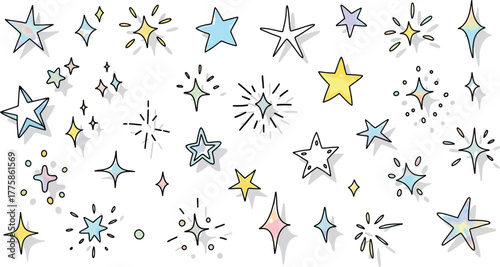 Colorful Stars Seamless Pattern, HandDrawn Style, Cosmic Theme, Doodle Style on White Background