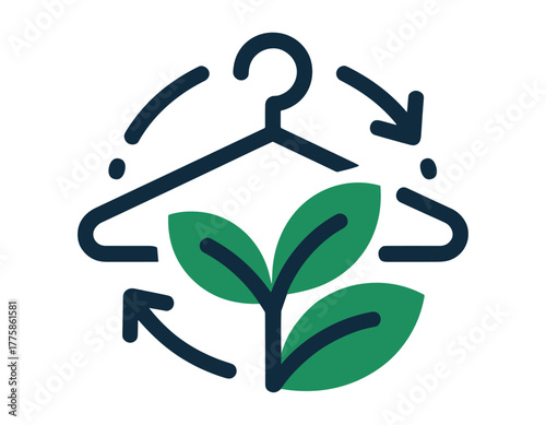 Sustainable fashion icon with a hanger, plant, and recycling arrows, symbolizing ecofriendly clothing and circular economy