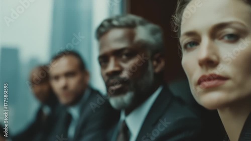 A diverse team of executives in a serious boardroom meeting, symbolizes shared focus, professional intensity, and the high-stakes nature of corporate decision-making.