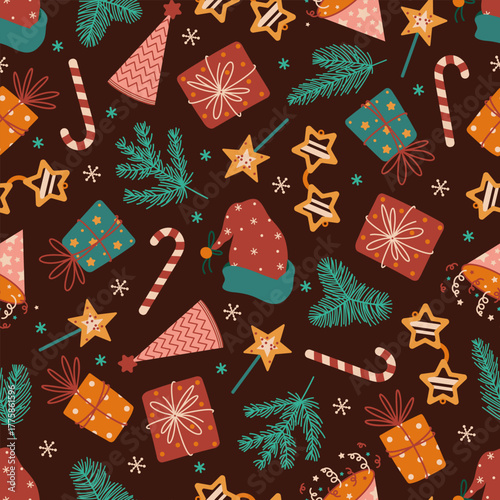 Merry Christmas and Happy New Year, seamless vector pattern. Festive tree decorations, colorful gifts, firecrackers, lollipops, Santa hats. Winter party, seasonal celebration. Flat cartoon background