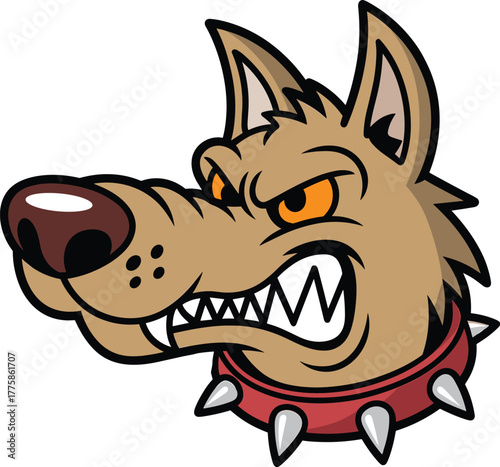 Cartoon aggressive dog head with spiked collar, fierce mascot character, angry expression, security logo design, wild animal illustration, intense eyes