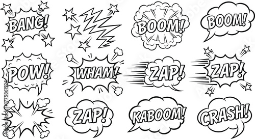 Comic Speech Bubbles with Bang Pow Boom Zap Kaboom Crash on Transparent Background
