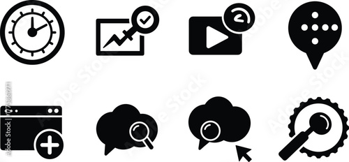 Business analytics icon set, data analysis, search optimization, web performance, cloud computing, marketing, growth strategy, black silhouette vector