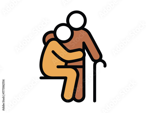 Elderly couple hugging with a cane, symbolizing care and support for seniors