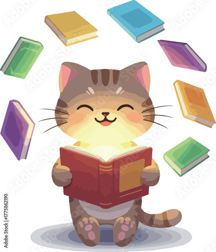 Wallpaper Mural Pixel Art Cat Reading Book Surrounded By Floating Books Torontodigital.ca