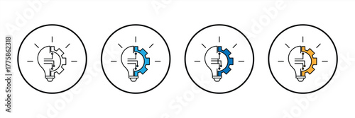 Innovation icon set. Light bulb and gears inside. Inspirational icons in various styles. Innovation symbol. Vector illustration.