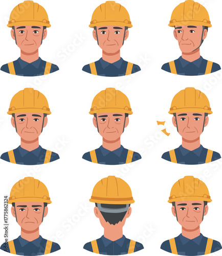 Pixel Art Construction Worker Avatars Set Yellow Hard Hat Blue Shirt Dark Background