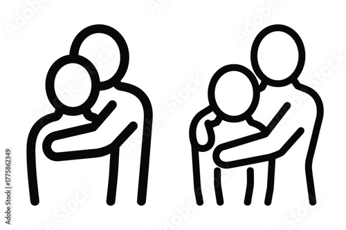 Two simple line drawings of adults hugging children