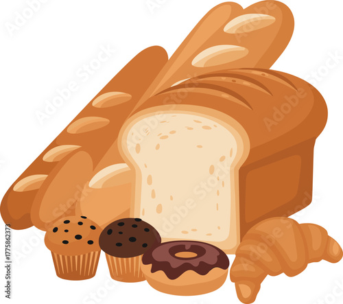 Cartoon bakery items, sliced bread, baguette, muffins, donut, croissant, baked goods variety, vector illustration, digital artwork, food concept