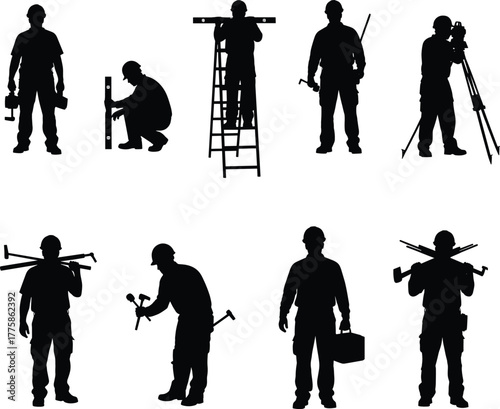 Construction worker silhouettes, technical tools, industrial tasks, black vector icons, CAD drawing flat vector illustration, editable, engineering labor, equipment
