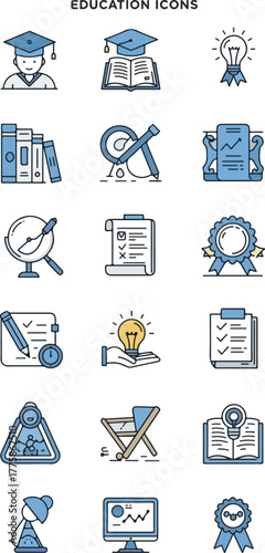 Pixel Art Education Icons Set Light Blue and Yellow