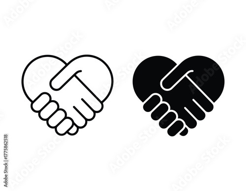Two heart shapes with shaking hands inside, symbolizing love and partnership