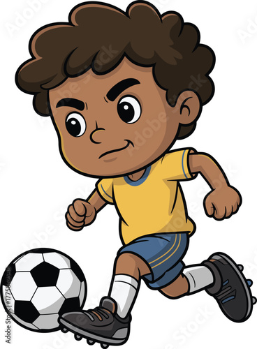 Cartoon boy playing soccer, focused expression, yellow shirt, blue shorts, kicking ball, vector illustration, digital artwork, sports theme, kids content