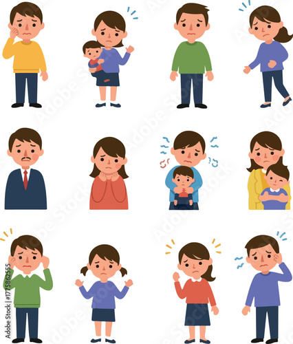 Pixel Art Family Characters Showing Worry Stress and Sadness with Flat Design