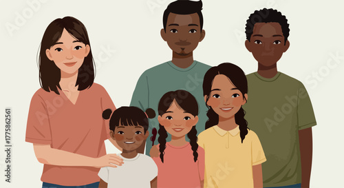 Pixel Art Family Portrait Diverse Parents and Three Children Together