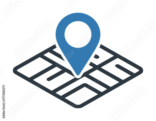 Blue map marker pin icon on a stylized isometric map, representing location and navigation