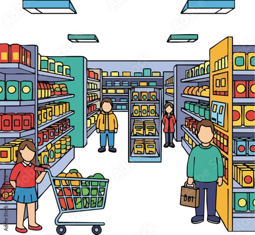 People Shopping Inside A Supermarket Aisle Filled With Colorful Products And Shelves