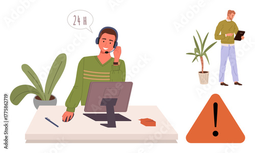 Support agent with headphones assists client at desk with computer. Colleague checks tasks near plant and alert icon. Ideal for customer service, teamwork, hotline, communication, problem-solving