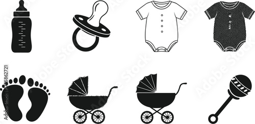 Baby care icons, pacifier, bottle, stroller, onesie, diaper, rattle, baby footprints, infant essentials, parenting symbols, black and white, baby gear, childcare graphics, baby accessories