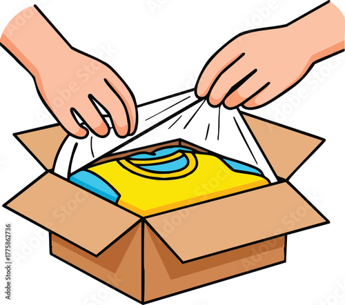 Hands Packing Yellow T Shirt In Cardboard Box With Bubble Wrap Over White Background Top View