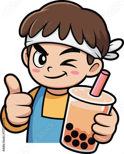 Cartoon bubble tea character, thumbs up pose, winking person, pink straw, tapioca pearls, vector illustration, beverage theme, digital artwork