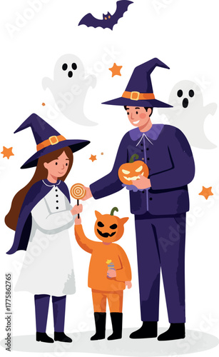 Pixel Art Halloween Family Trick Or Treating With Candy and Pumpkins