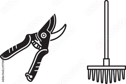 Black and White Vector Icons of Pruning Shears and Garden Rake
