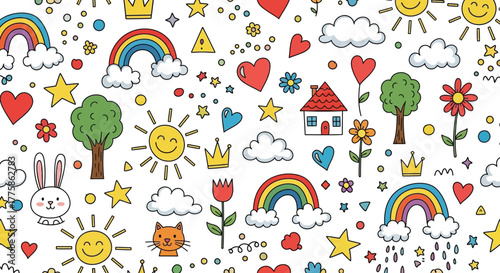 Cute Seamless Pattern Rainbows, Hearts, Stars, Clouds, Sun, Flowers, Rabbit, Cat
