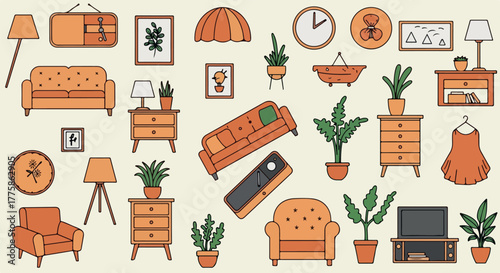 Wallpaper Mural Pixel Art Living Room Furniture Icons in Warm Orange Tones Torontodigital.ca