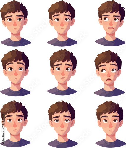 Pixel Art Man Emotions Set Dark Blue Shirt Casual Style Purple Background