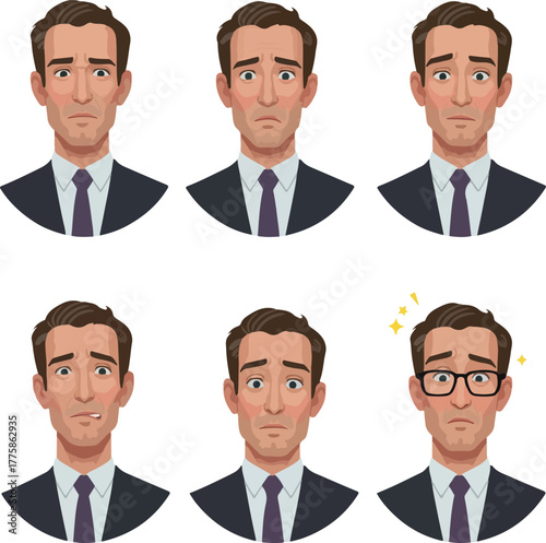 Pixel Art Man Expressing Six Sad Emotions in a Suit