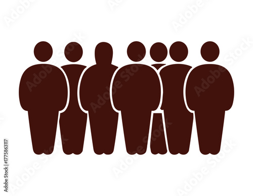 A group of seven stylized figures in dark brown, representing a crowd or community