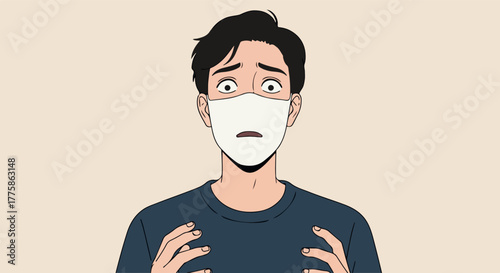 Pixel Art Man Wearing Mask Looking Scared Dark Blue Shirt Light Background