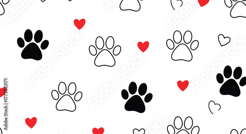 Dog Paw Prints Pattern with Red Hearts on White Seamless Background Pet Lover Design
