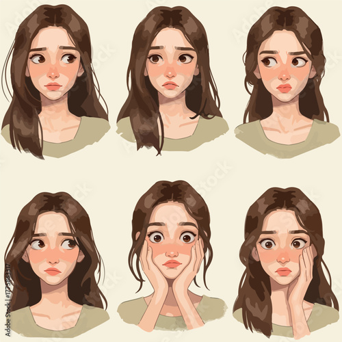 Pixel Art Portrait Girl Various Emotions Gentle Colors