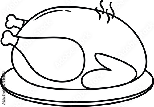Cartoon cooked turkey outline, black and white drawing, steaming hot dish, festive meal, coloring page, vector illustration, digital artwork
