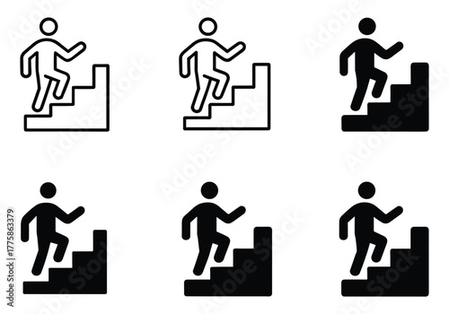 Set of six silhouette icons depicting a person climbing stairs