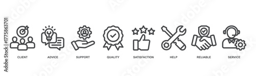 Customer care concept icon illustration contain client, advice, support, quality, satisfaction, help, reliable and service.
