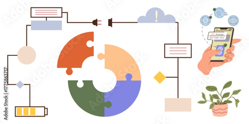 Circular puzzle graphic, digital data transfer, cloud connection, mobile security, battery, and plant integration. Ideal for technology, process workflow, connectivity energy environment
