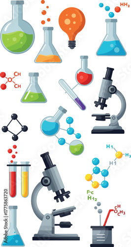 Pixel Art Science Lab Equipment Icons with Colorful Molecules and Microscopes