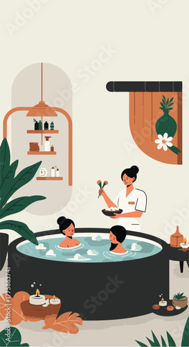 Pixel Art Spa Retreat Two Women Relaxing in Hot Tub with Therapist